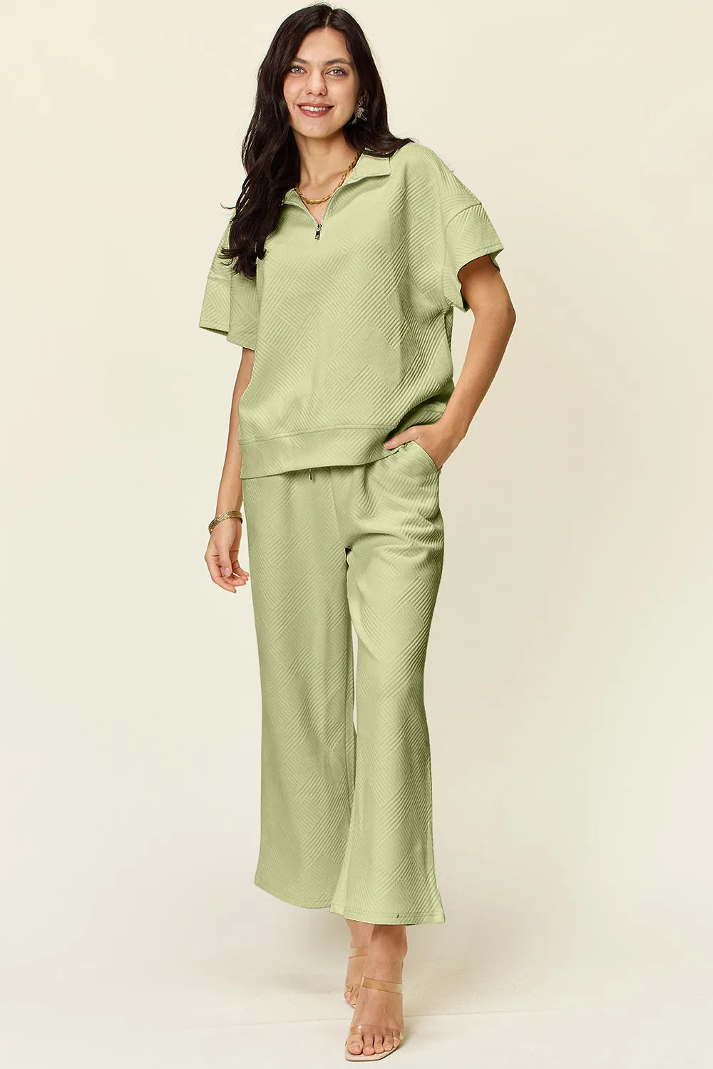 Tanner Double Take Full Size Texture Half Zip Short Sleeve Top and Pants Set
