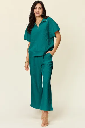 Tanner Double Take Full Size Texture Half Zip Short Sleeve Top and Pants Set