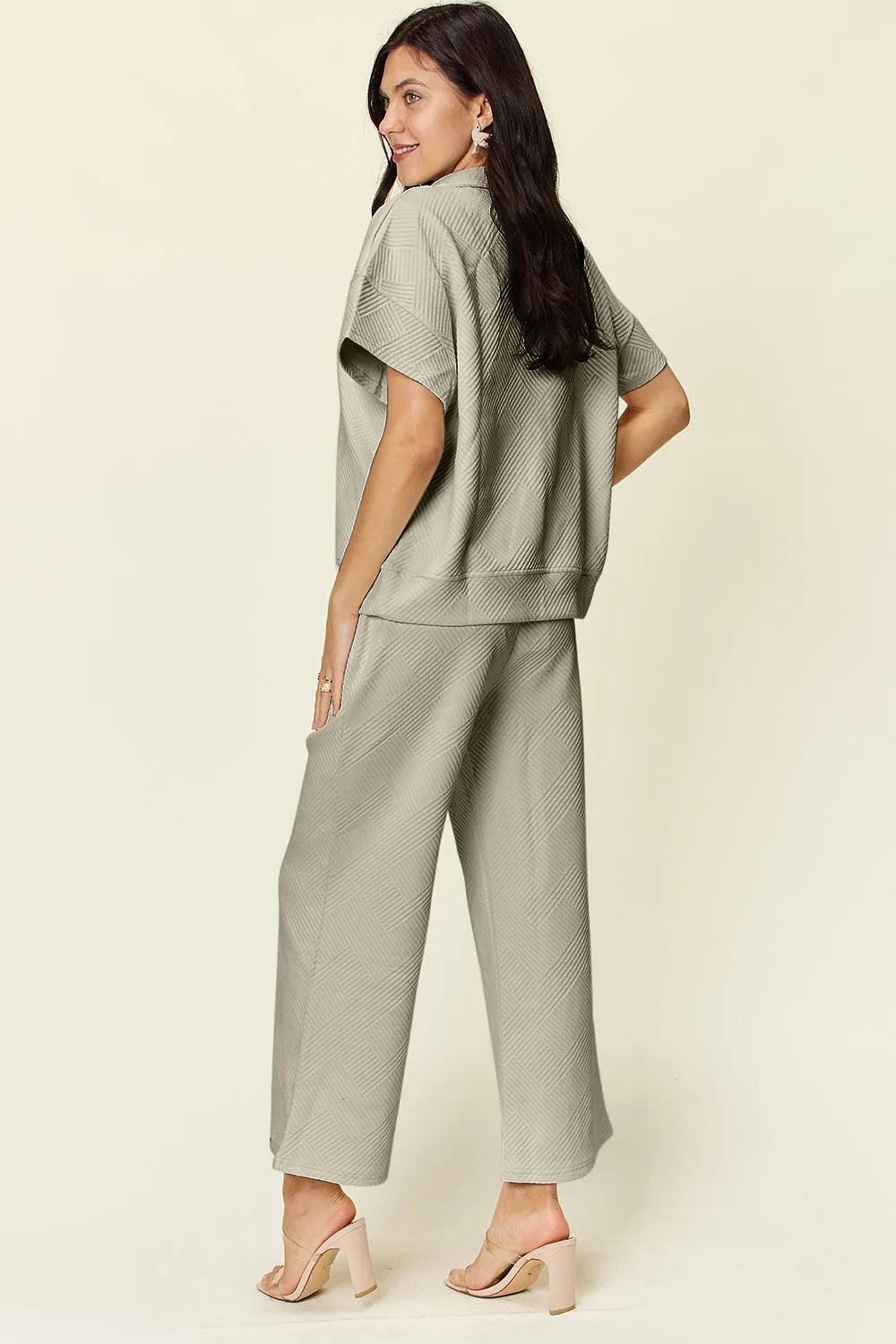 Tanner Double Take Full Size Texture Half Zip Short Sleeve Top and Pants Set