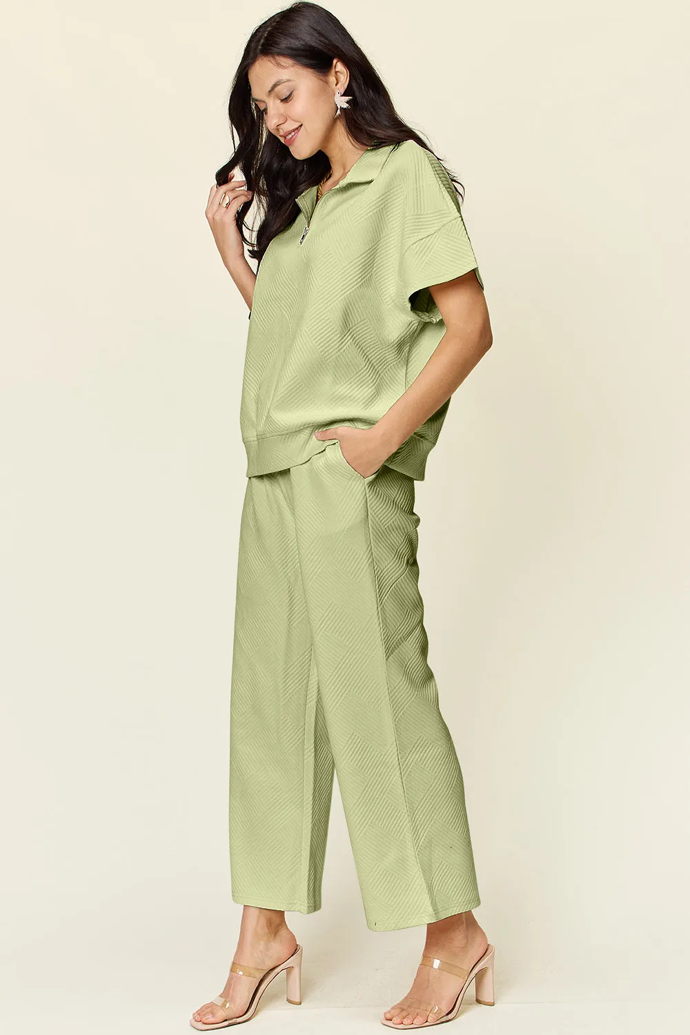 Tanner Double Take Full Size Texture Half Zip Short Sleeve Top and Pants Set