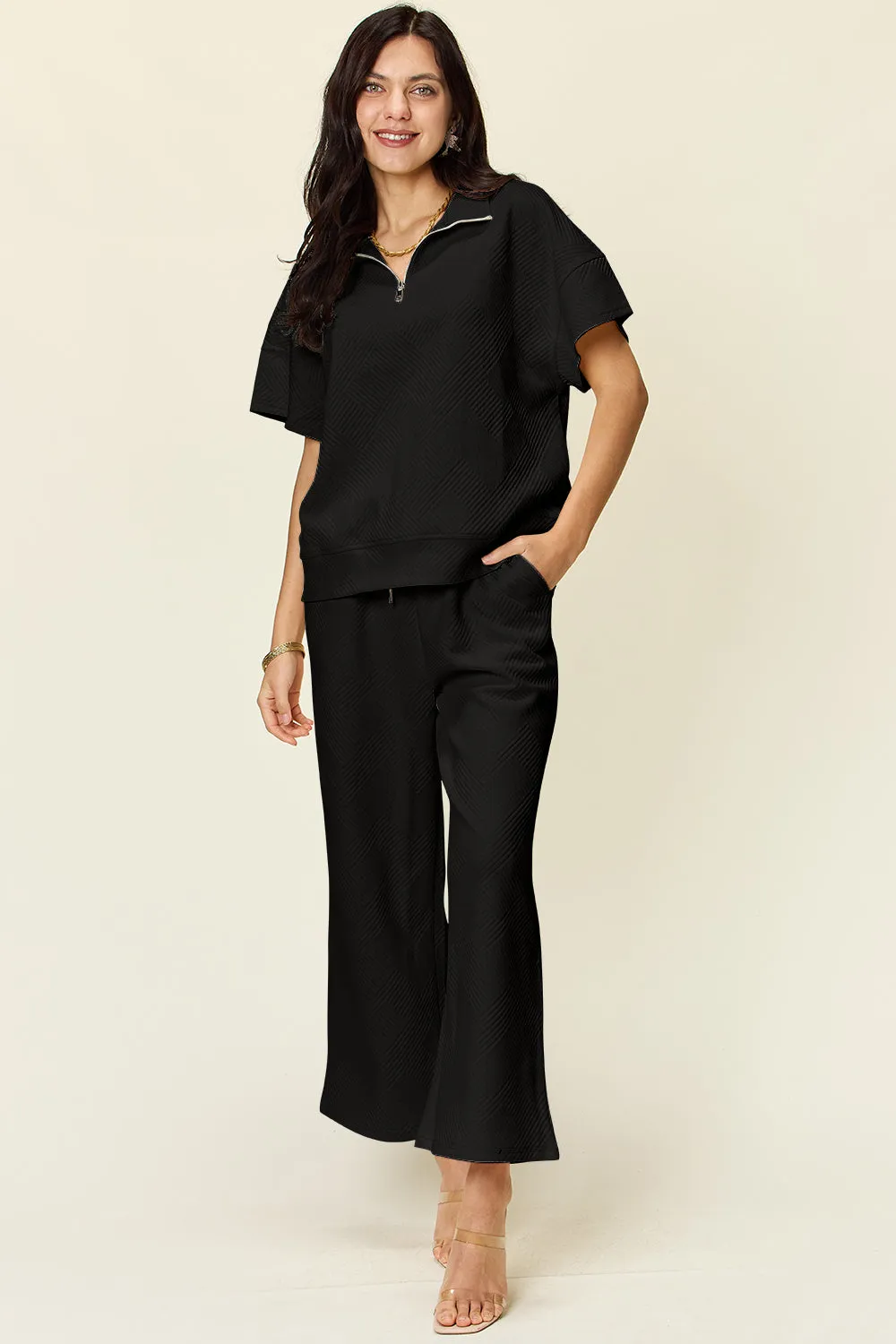 Tanner Double Take Full Size Texture Half Zip Short Sleeve Top and Pants Set
