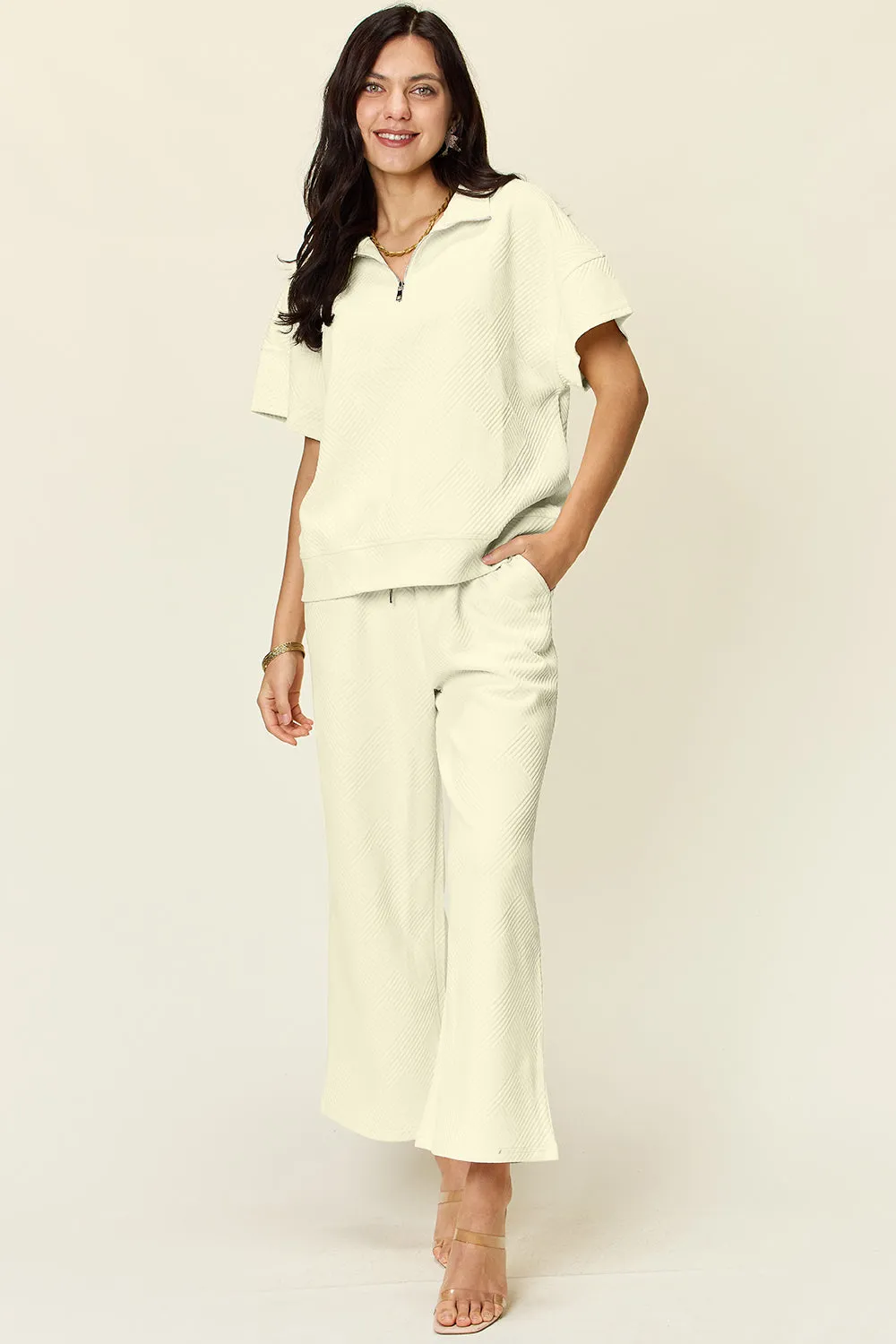 Tanner Double Take Full Size Texture Half Zip Short Sleeve Top and Pants Set