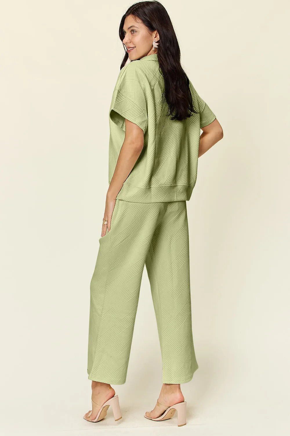 Tanner Double Take Full Size Texture Half Zip Short Sleeve Top and Pants Set