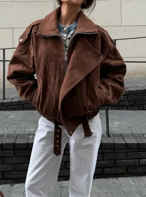 Trendy Oversized Brown Vintage Suede Short Jacket for Women