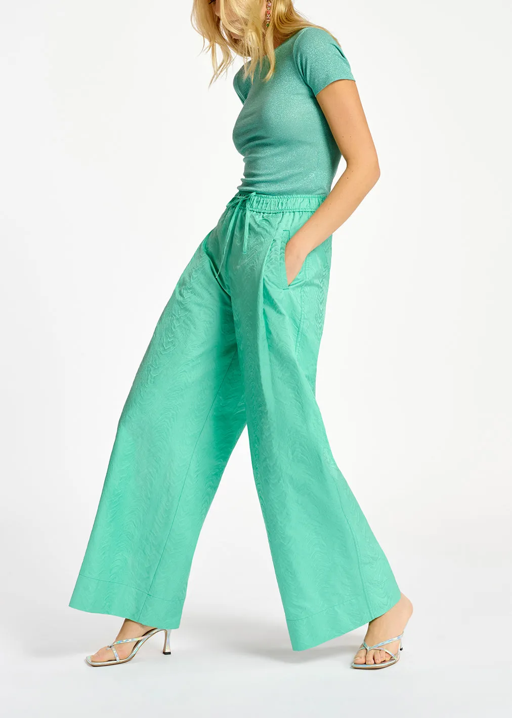 Turquoise jacquard wide-leg pants