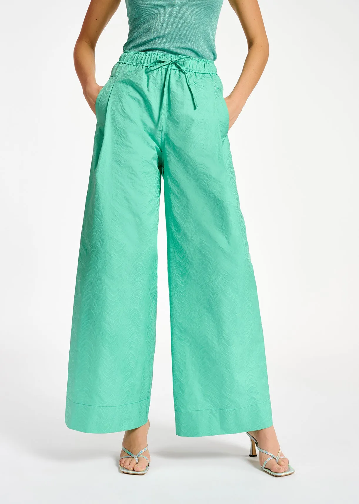 Turquoise jacquard wide-leg pants