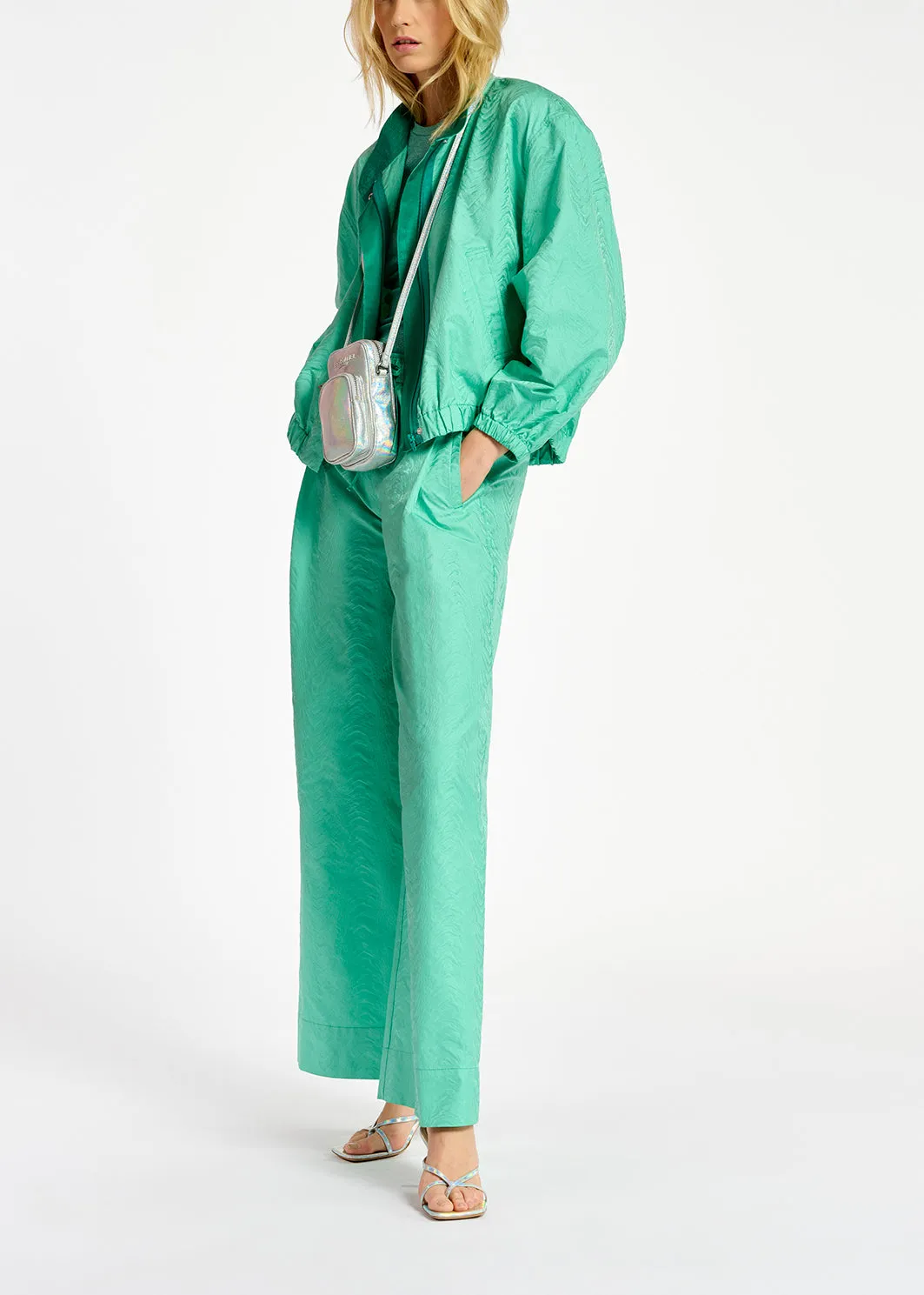 Turquoise jacquard wide-leg pants