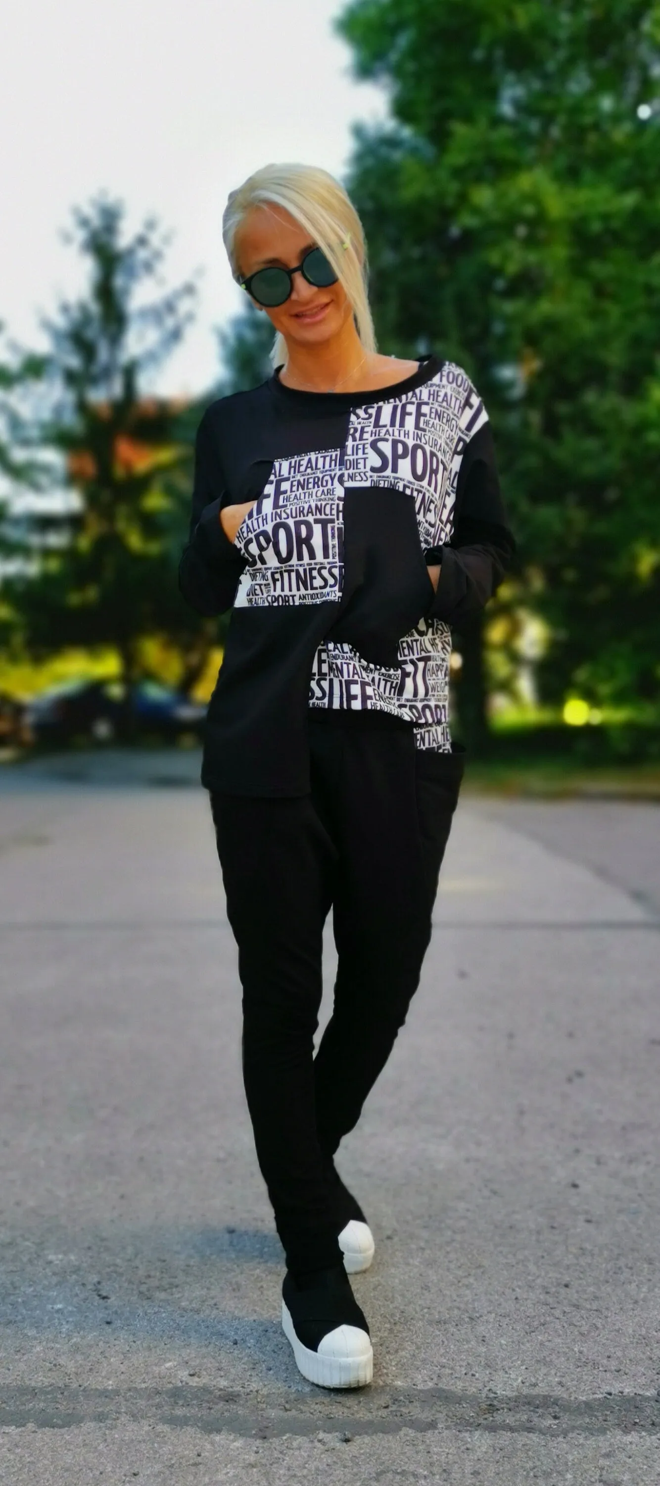 TWO parts sports set / black and white set / Casual Set / Drop Crotch pants/Loose Asymmetric top