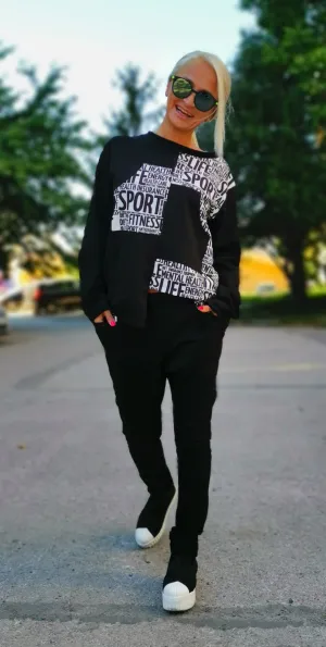 TWO parts sports set / black and white set / Casual Set / Drop Crotch pants/Loose Asymmetric top