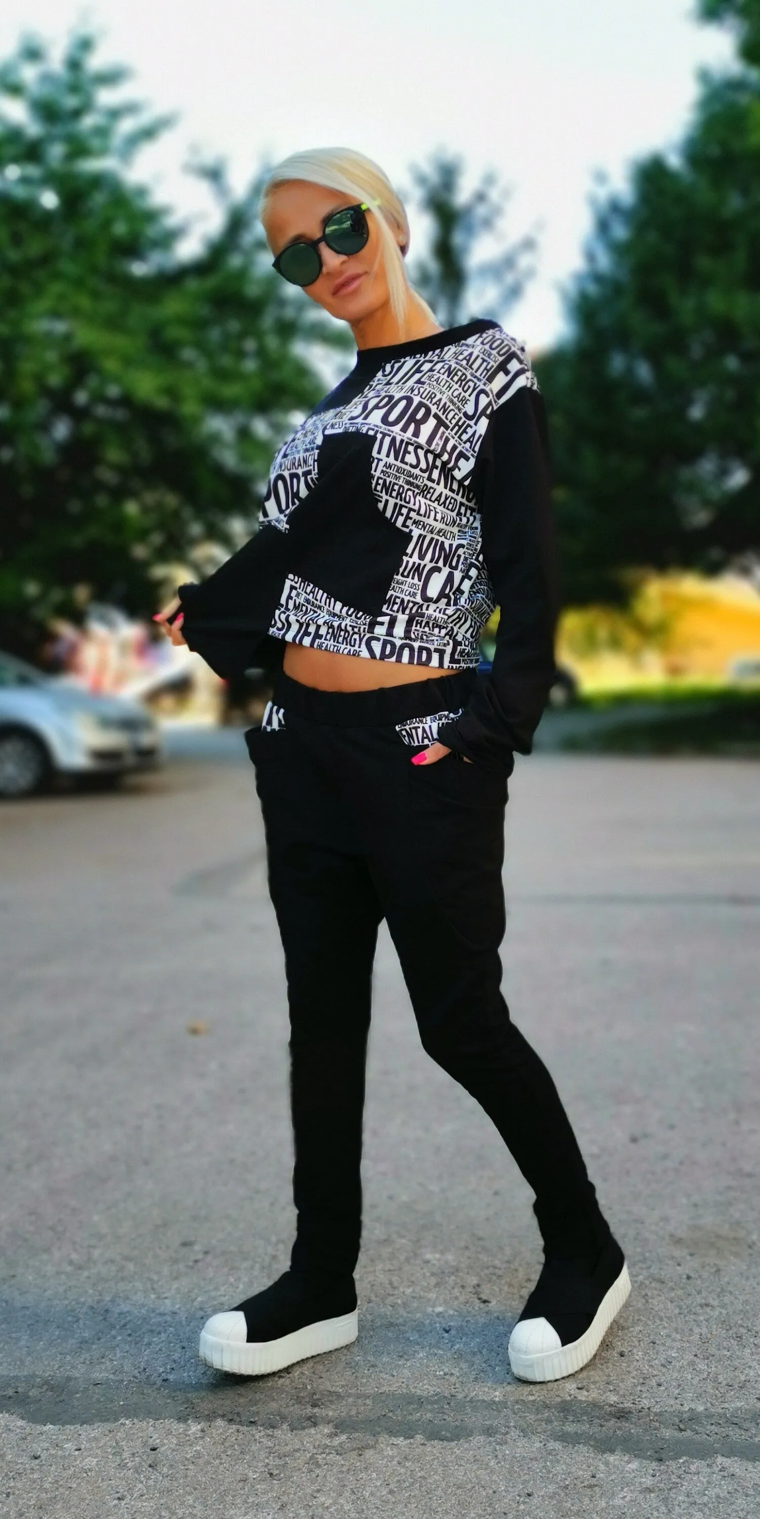 TWO parts sports set / black and white set / Casual Set / Drop Crotch pants/Loose Asymmetric top