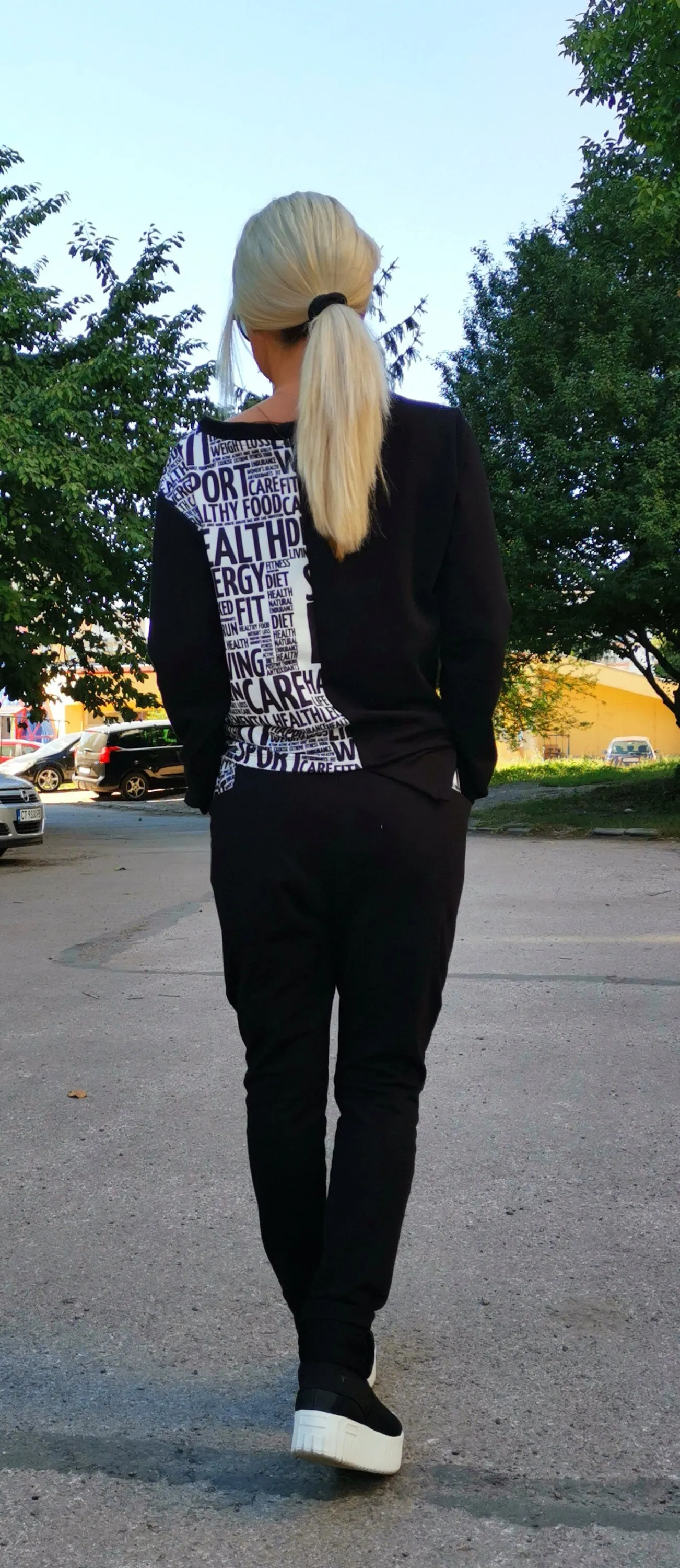 TWO parts sports set / black and white set / Casual Set / Drop Crotch pants/Loose Asymmetric top