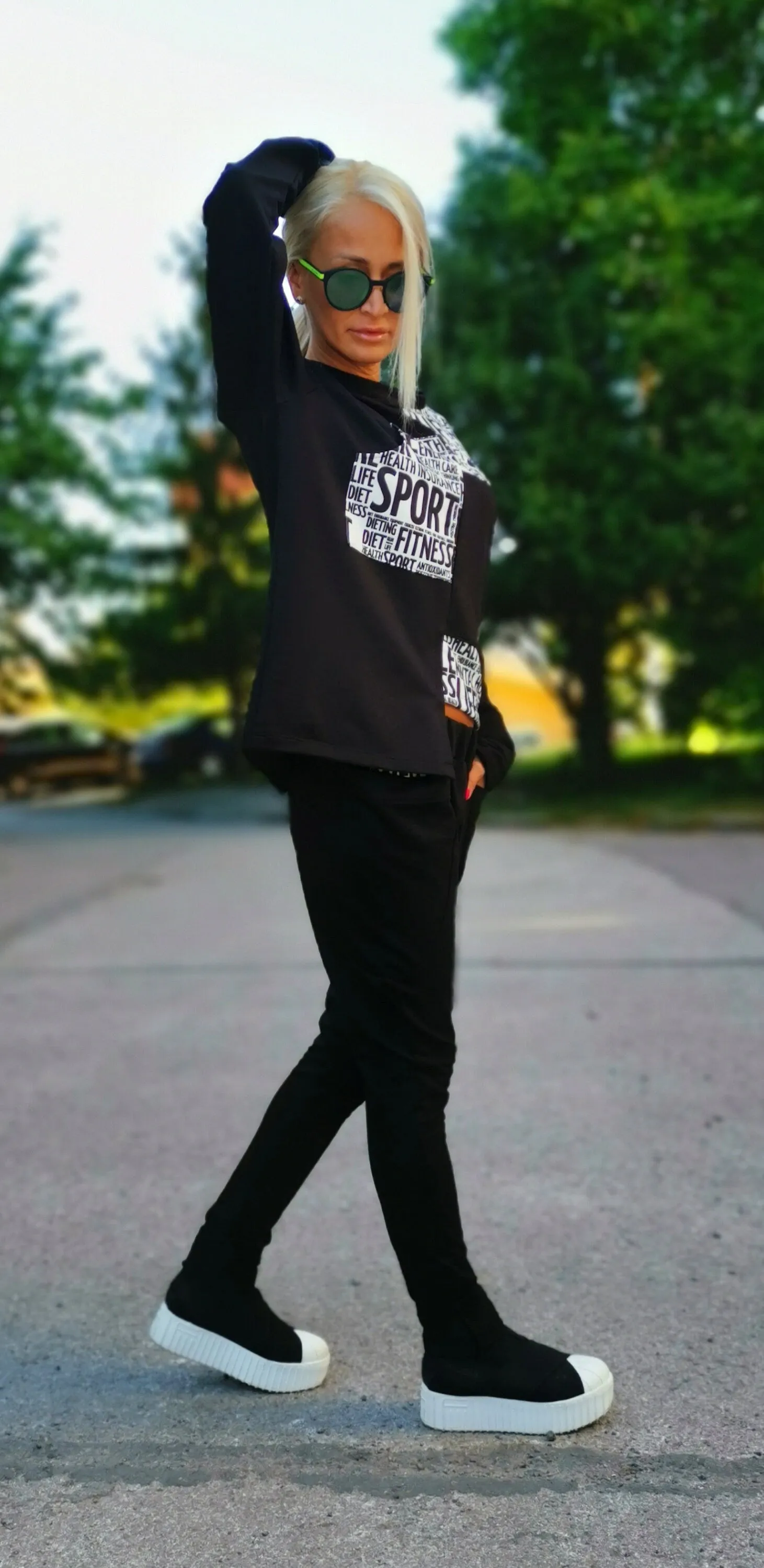 TWO parts sports set / black and white set / Casual Set / Drop Crotch pants/Loose Asymmetric top