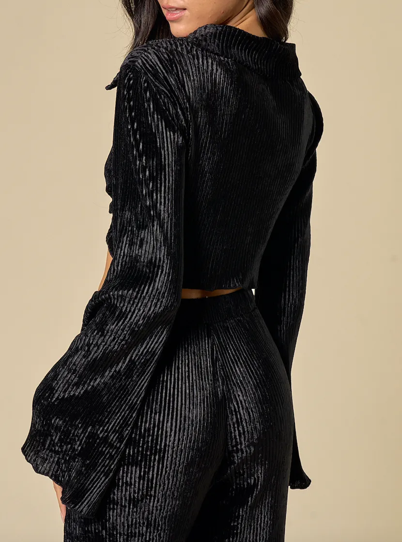 Velvet Ribbed Collared Crop Top