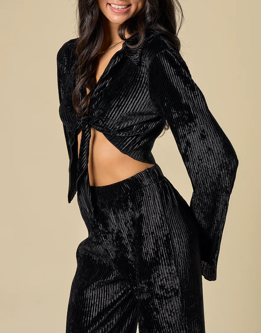 Velvet Ribbed Collared Crop Top