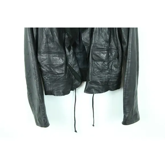 Vintage Womens Large Black Leather Jacket Y2K Twee Ruffle Coquette Goth Biker
