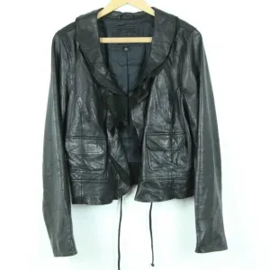 Vintage Womens Large Black Leather Jacket Y2K Twee Ruffle Coquette Goth Biker