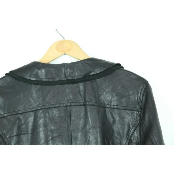 Vintage Womens Large Black Leather Jacket Y2K Twee Ruffle Coquette Goth Biker
