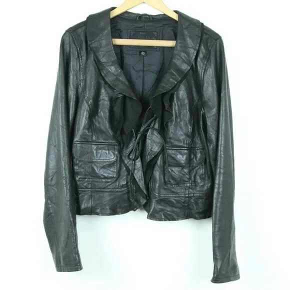 Vintage Womens Large Black Leather Jacket Y2K Twee Ruffle Coquette Goth Biker