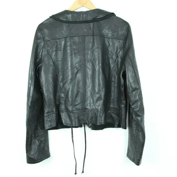 Vintage Womens Large Black Leather Jacket Y2K Twee Ruffle Coquette Goth Biker