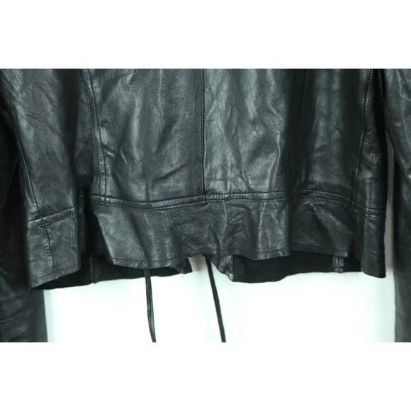 Vintage Womens Large Black Leather Jacket Y2K Twee Ruffle Coquette Goth Biker