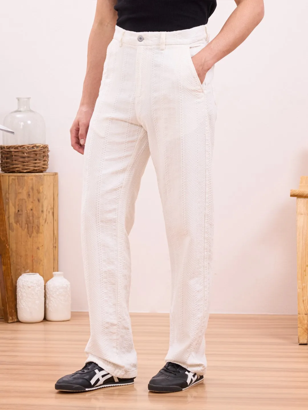 White Twill Loose Fit Pants