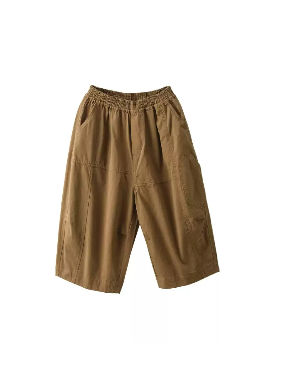 Women Casual Pure Color 100%Cotton Cropped Pants