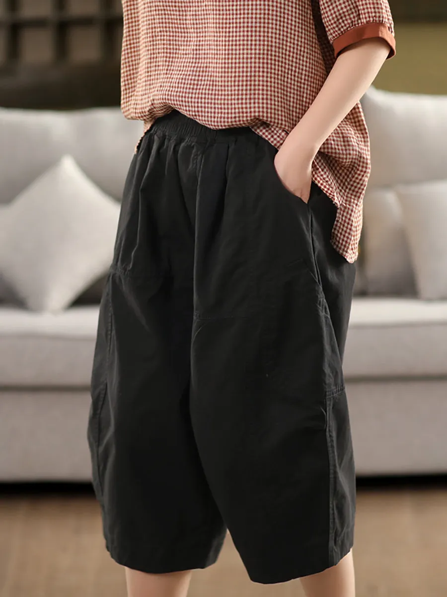 Women Casual Pure Color 100%Cotton Cropped Pants