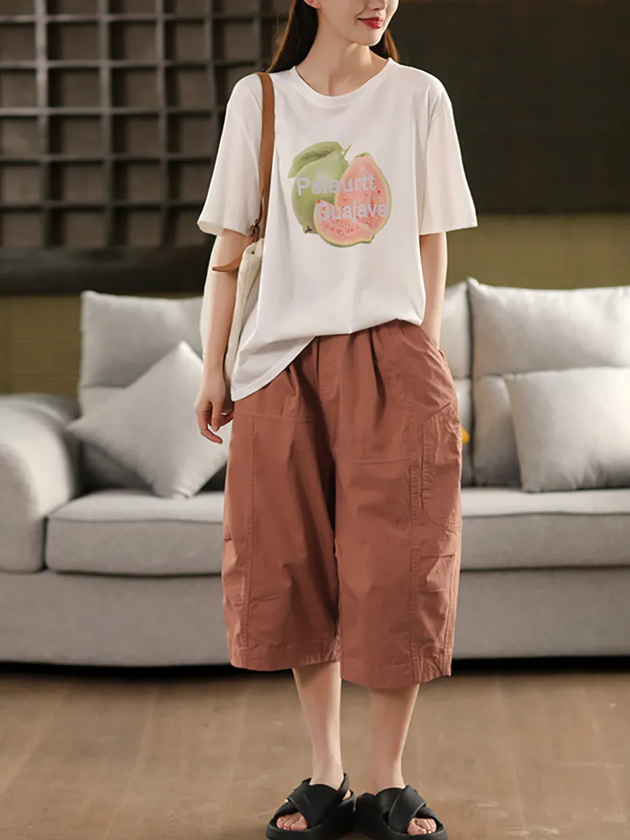 Women Casual Pure Color 100%Cotton Cropped Pants