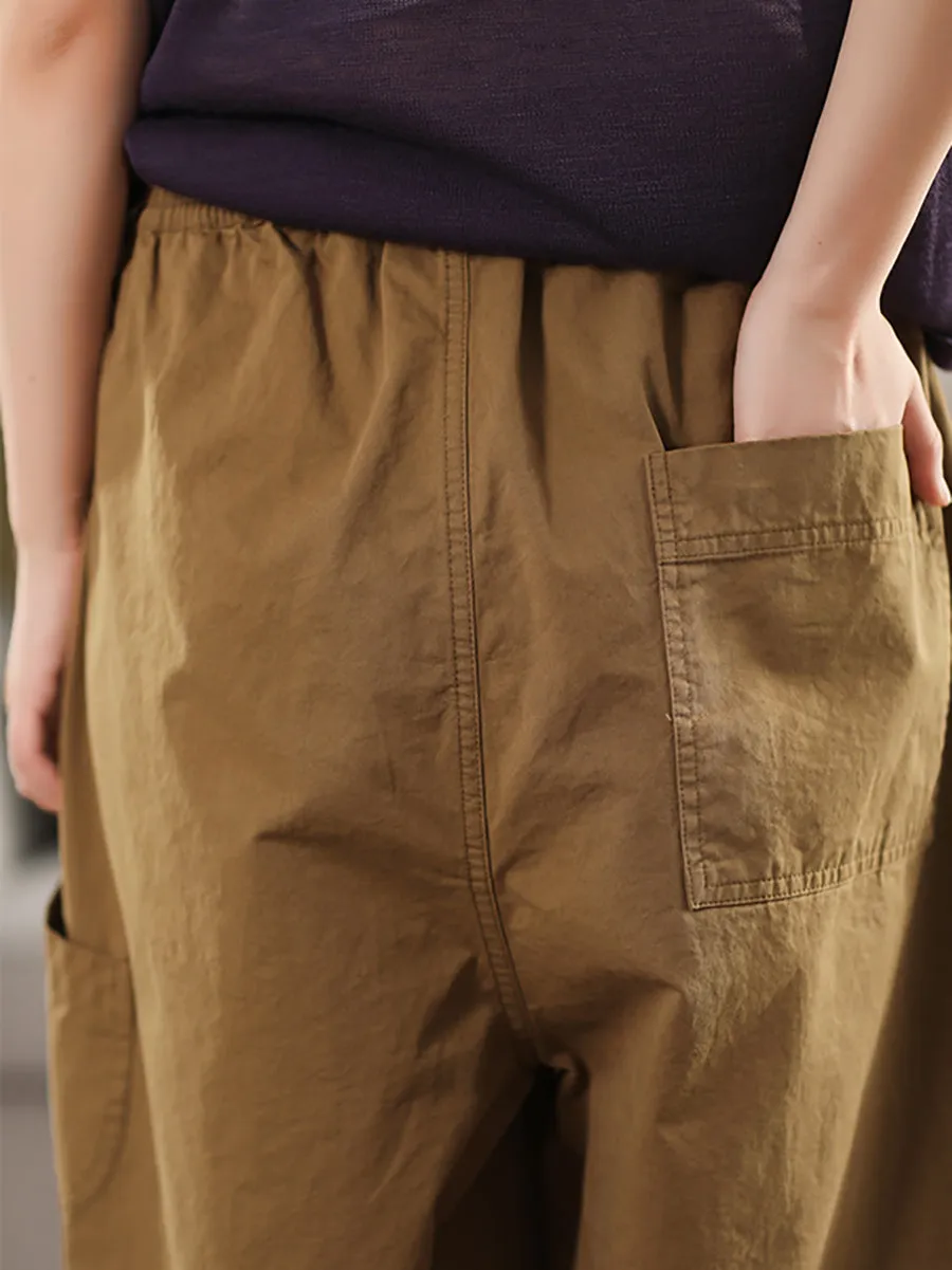 Women Casual Pure Color 100%Cotton Cropped Pants