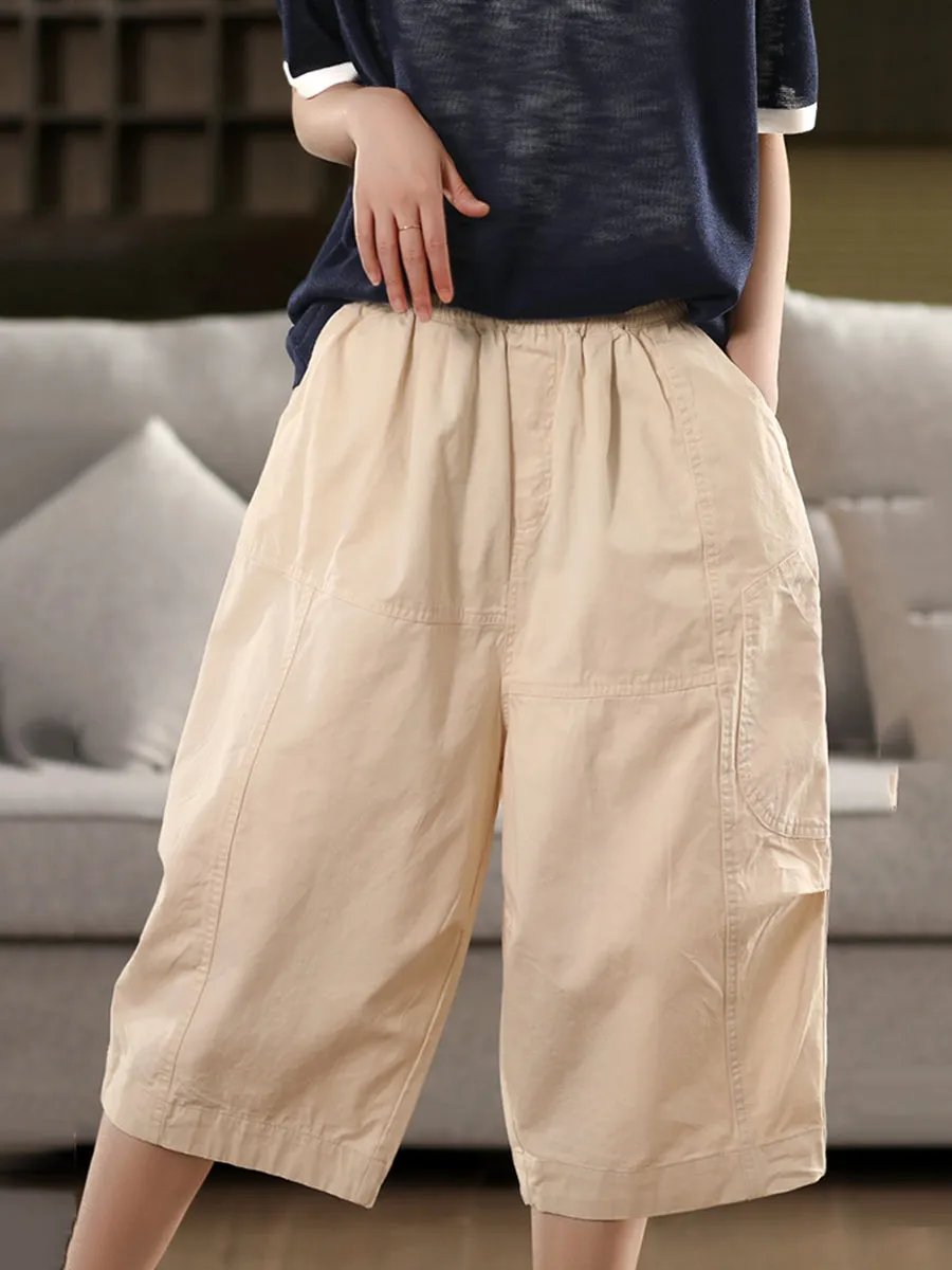 Women Casual Pure Color 100%Cotton Cropped Pants