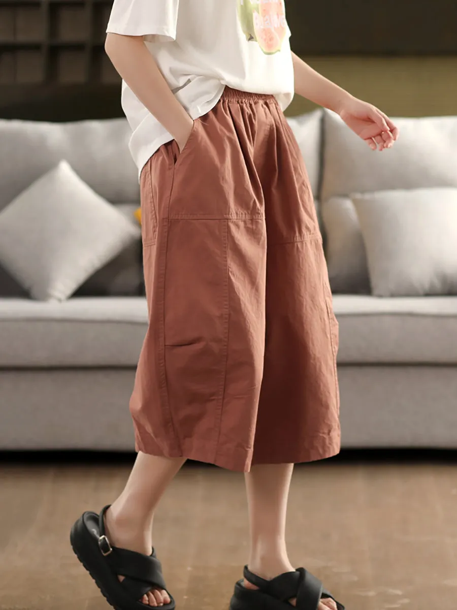 Women Casual Pure Color 100%Cotton Cropped Pants