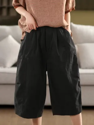 Women Casual Pure Color 100%Cotton Cropped Pants