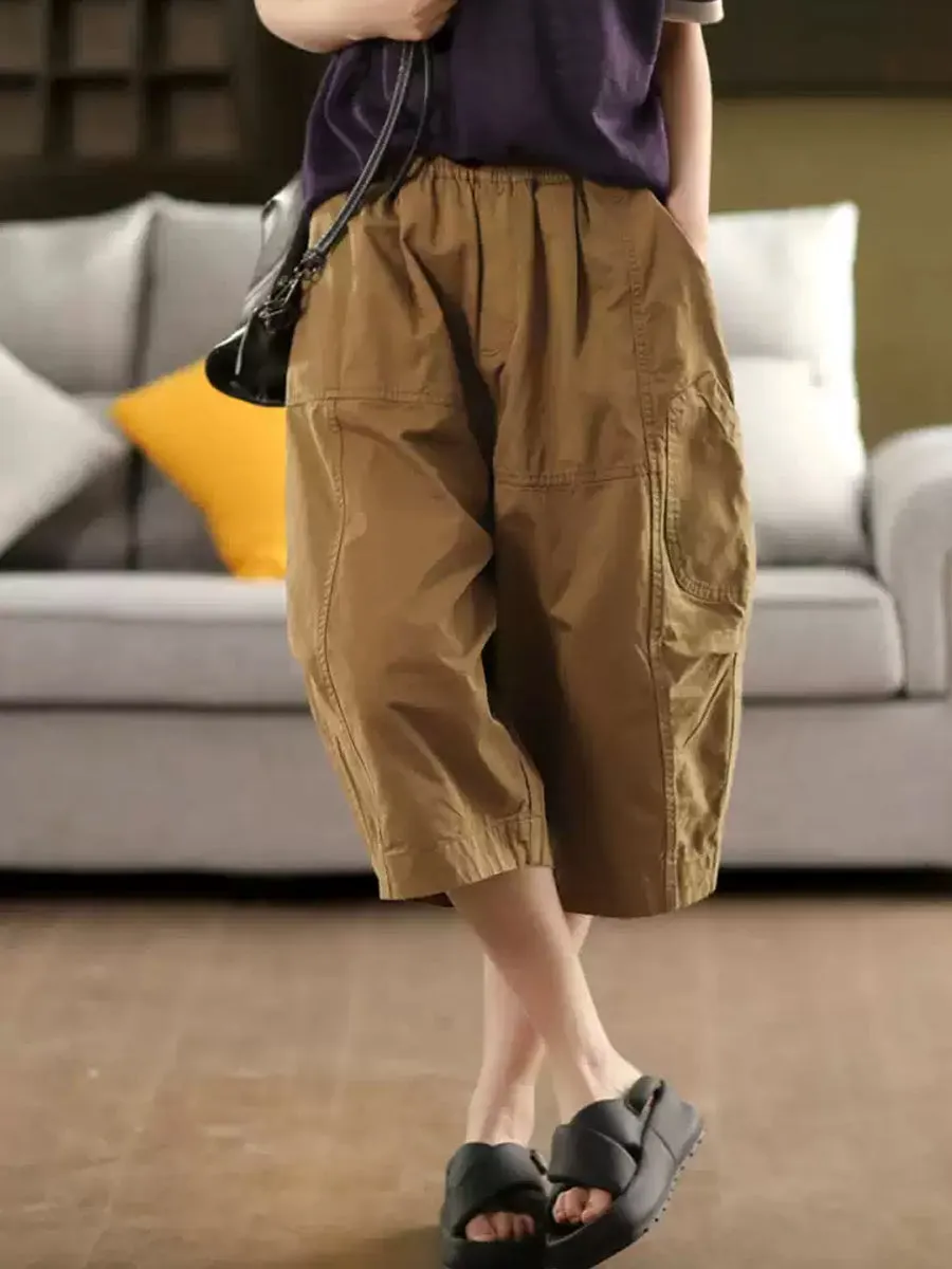 Women Casual Pure Color 100%Cotton Cropped Pants