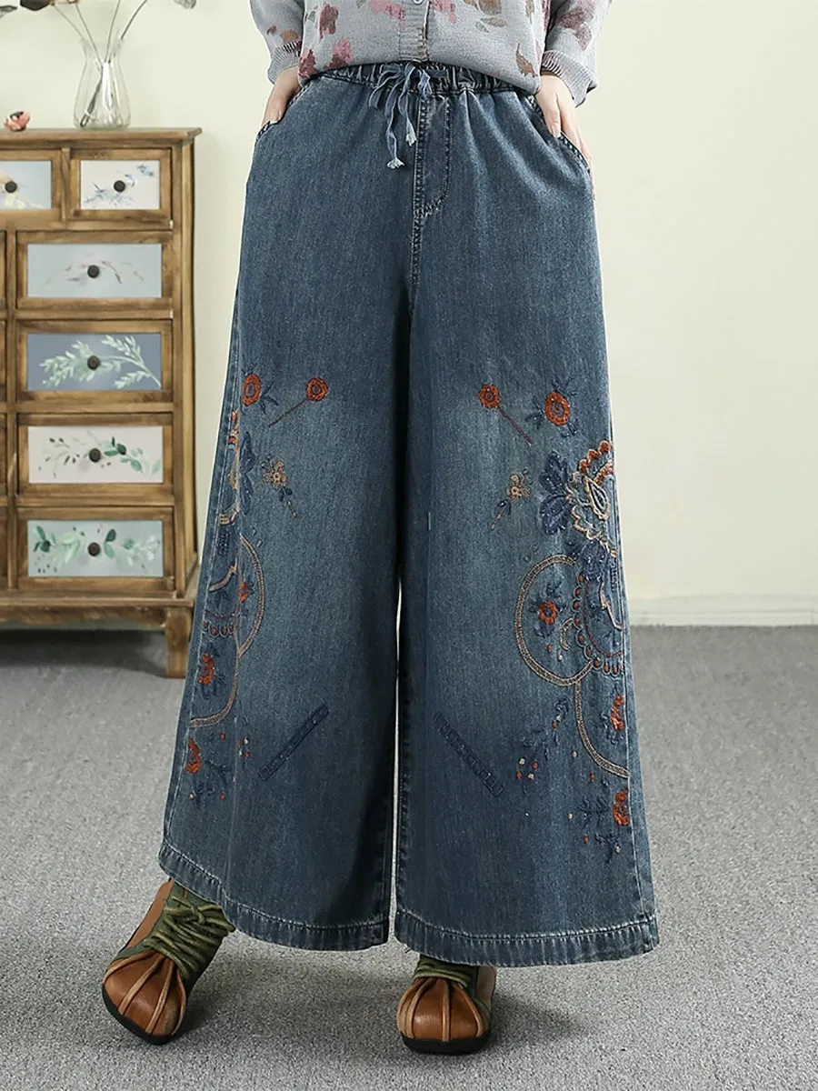 Women Retro Flower Embroidery Denim Wide-leg Pants