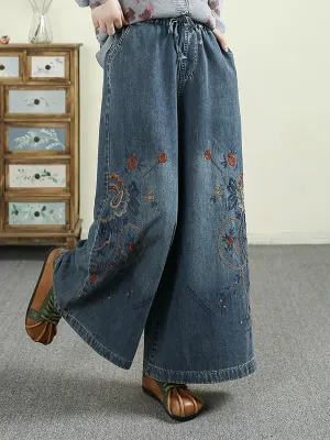 Women Retro Flower Embroidery Denim Wide-leg Pants