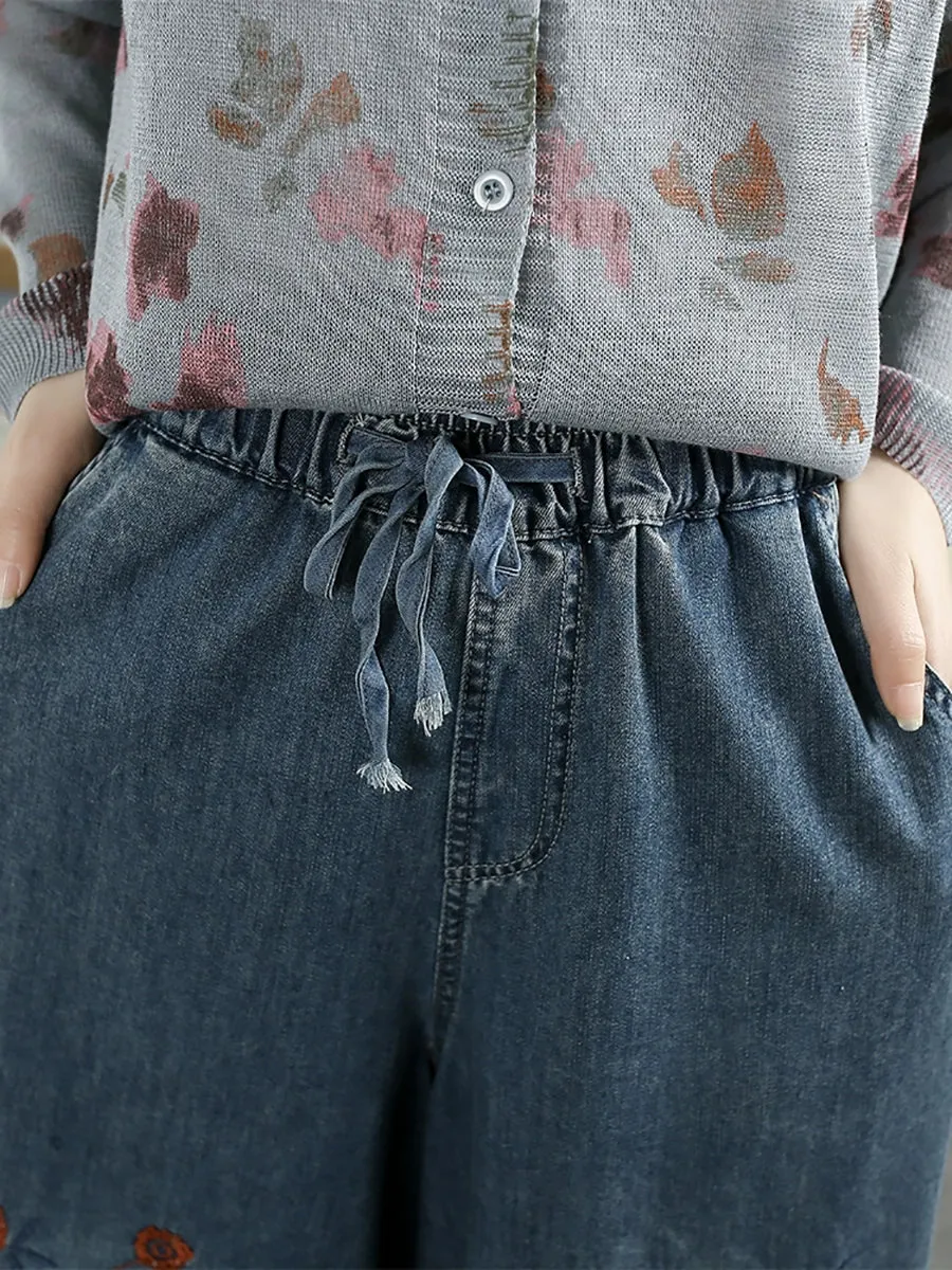 Women Retro Flower Embroidery Denim Wide-leg Pants