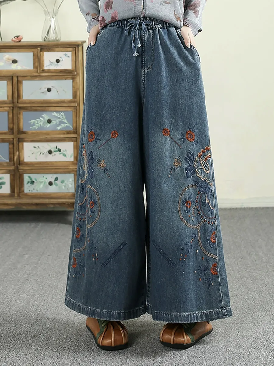 Women Retro Flower Embroidery Denim Wide-leg Pants