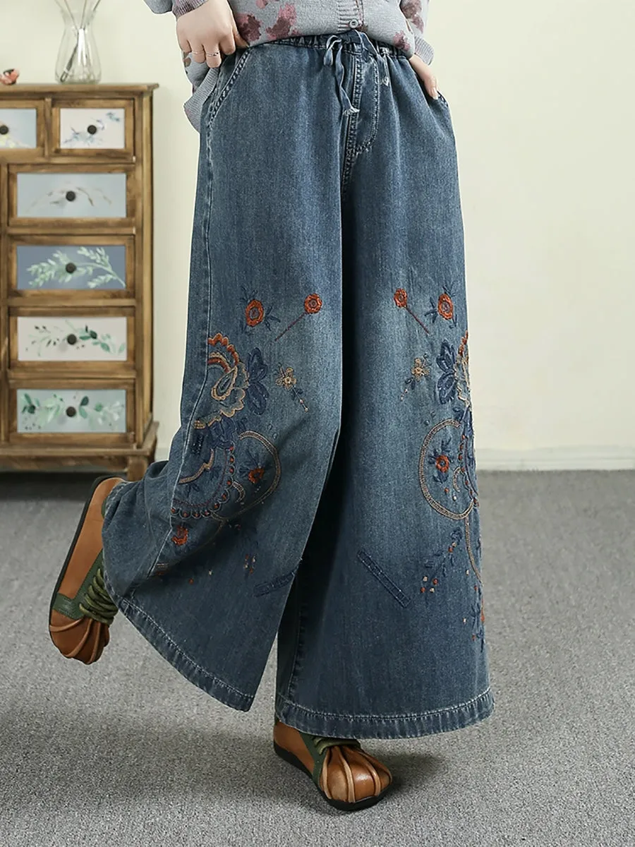 Women Retro Flower Embroidery Denim Wide-leg Pants