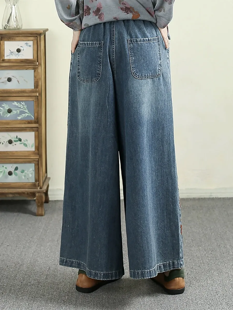 Women Retro Flower Embroidery Denim Wide-leg Pants