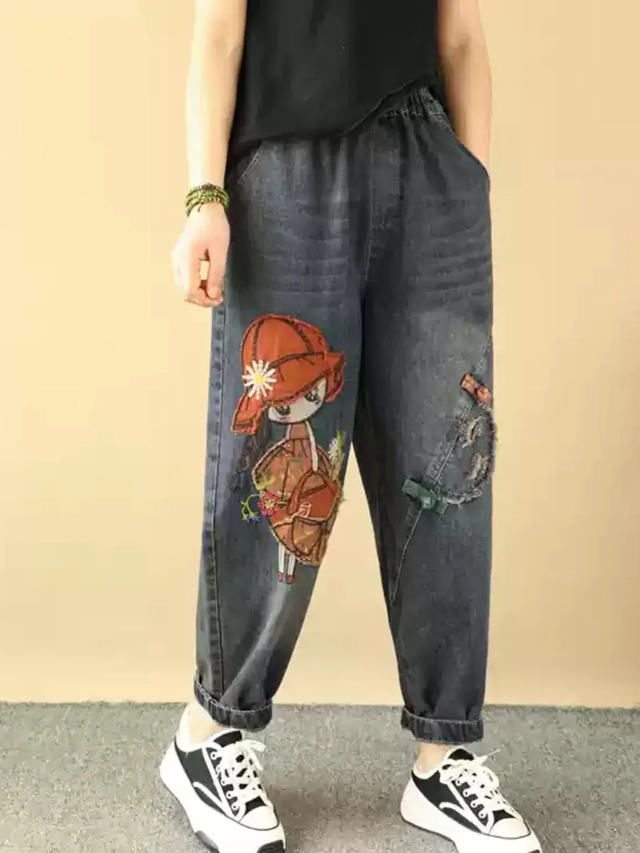 Women Retro Flower Patchwork Denim Harem Pants
