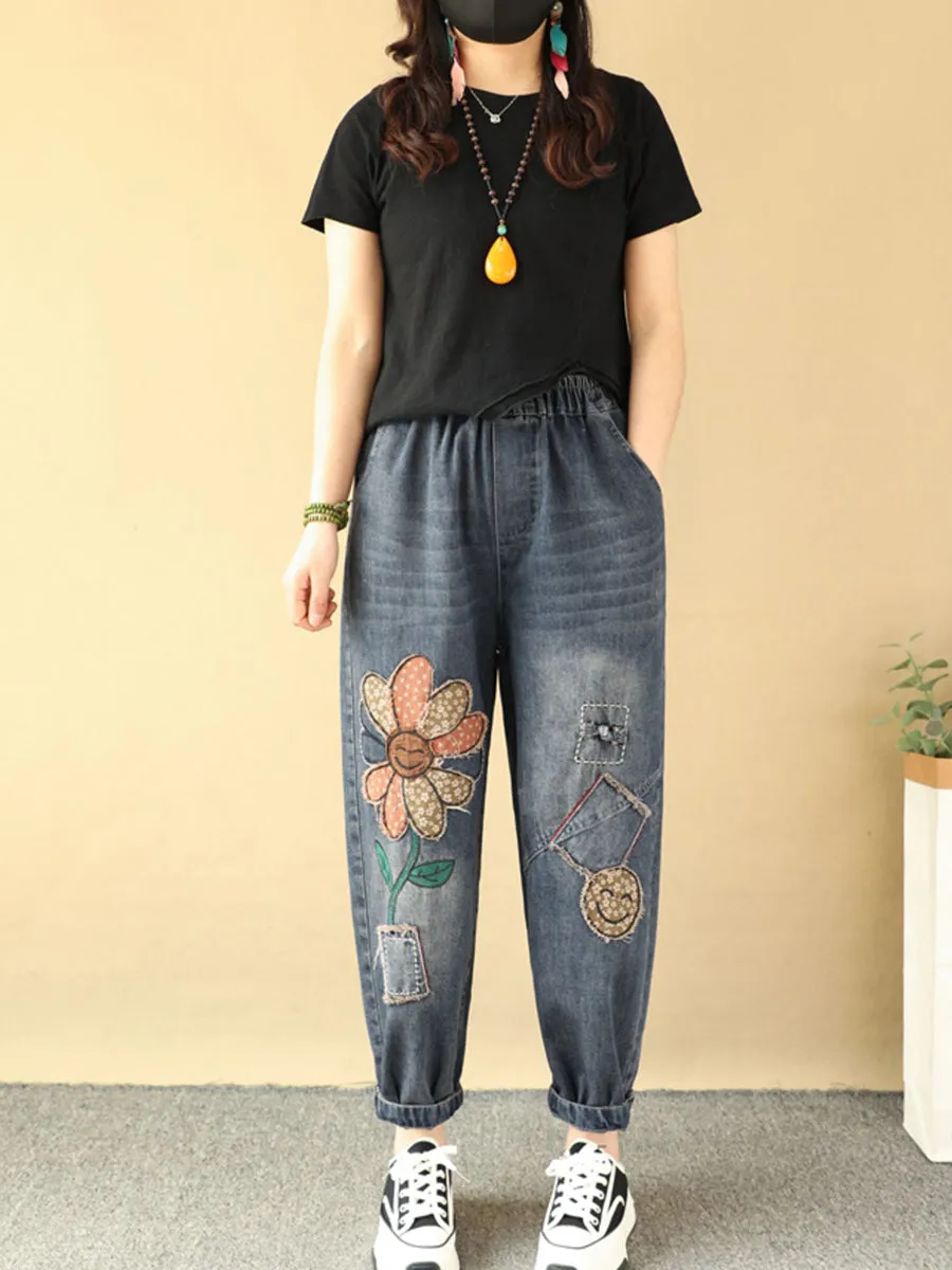 Women Retro Flower Patchwork Denim Harem Pants