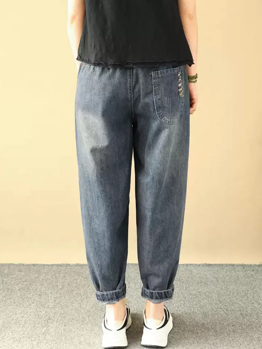 Women Retro Flower Patchwork Denim Harem Pants