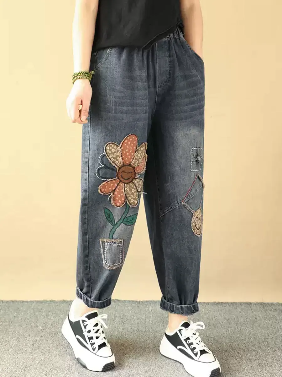 Women Retro Flower Patchwork Denim Harem Pants