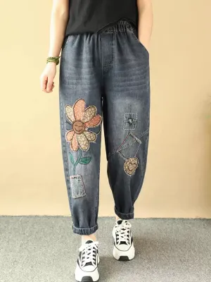 Women Retro Flower Patchwork Denim Harem Pants
