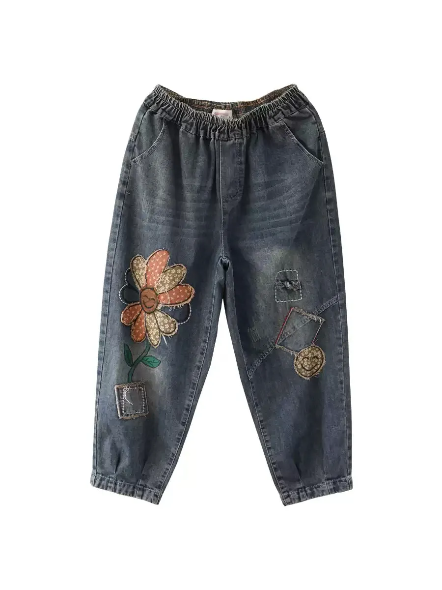 Women Retro Flower Patchwork Denim Harem Pants