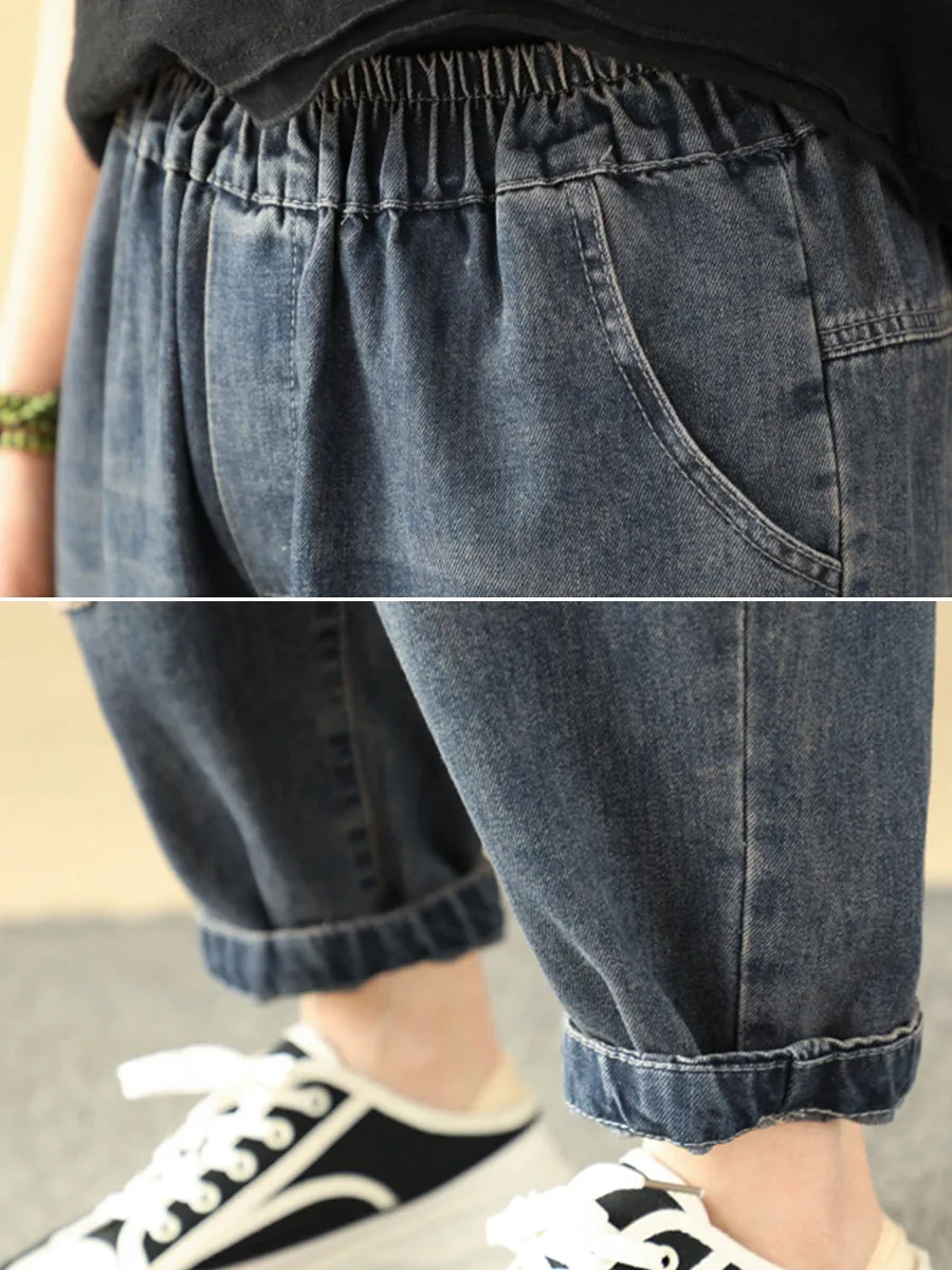 Women Retro Flower Patchwork Denim Harem Pants