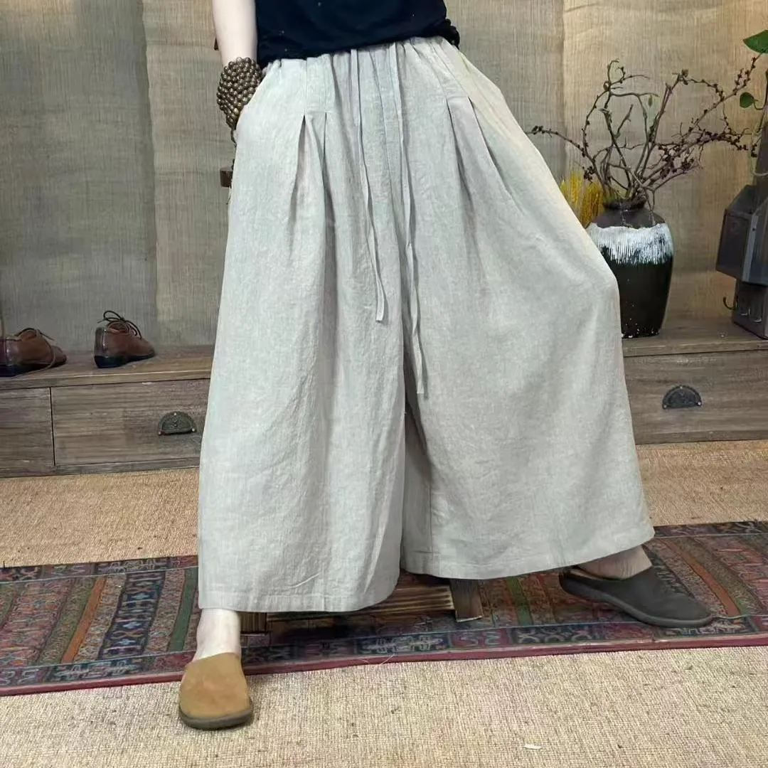 Women Retro Linen Casual Loose Lace-Up Pants