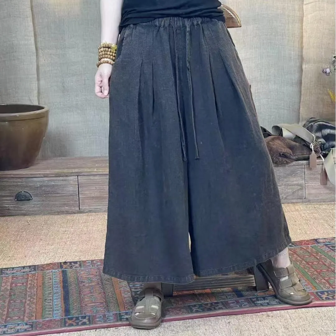 Women Retro Linen Casual Loose Lace-Up Pants