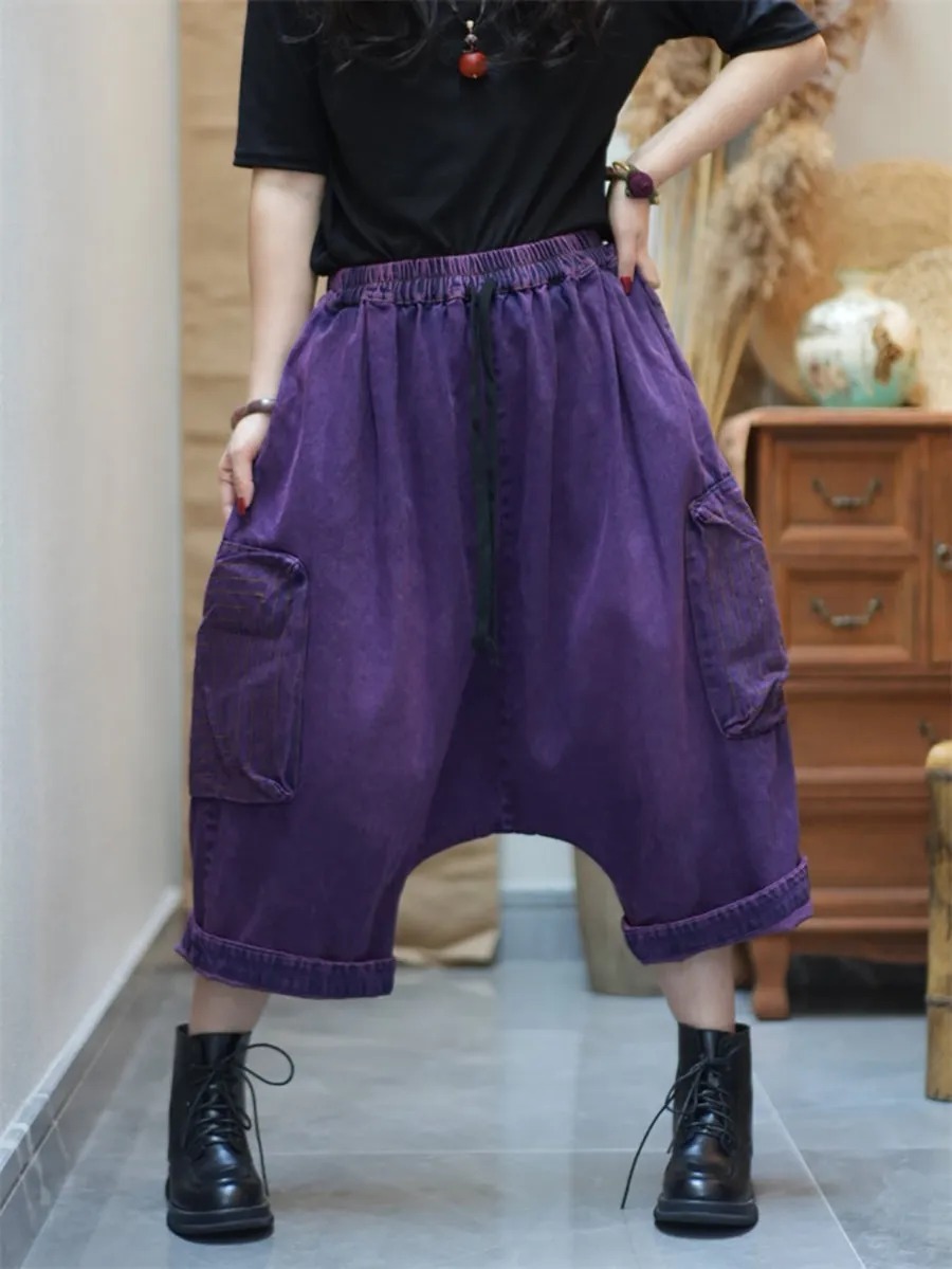 Women Retro Pure Color Denim Low Crotch Pants