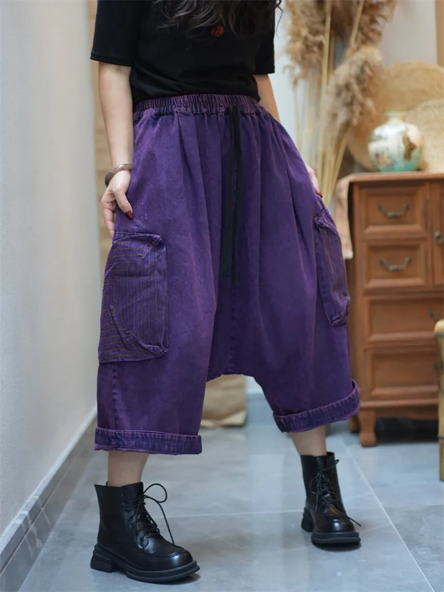 Women Retro Pure Color Denim Low Crotch Pants